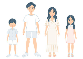 4人家族　夏の装いイラスト
Family of 4 summer outfit illustration