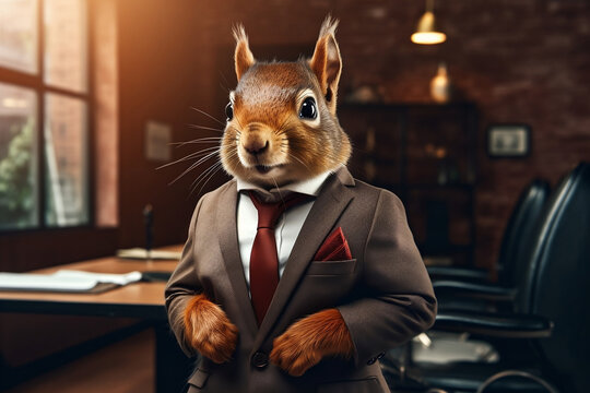 The dapper executive: A squirrel in a sharp business suit commands attention at the office, generative AI