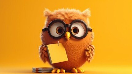 Cute happy owl cartoon holding a blank sign. Created with Generative AI.