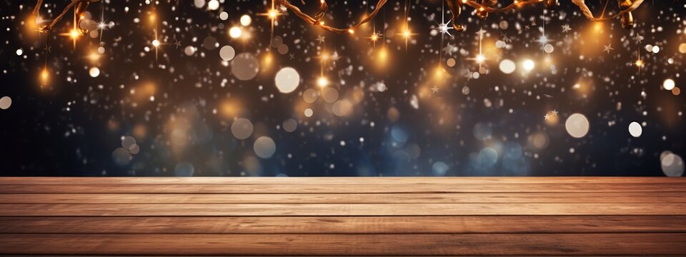 ,old wooden table top with background of christmas celebrate eve decorative christmas tree with snow fall bokeh blur background festive ideas,ai generate