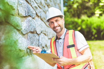 Fototapeta premium Man with a white hard hat holding a clipboard, inspect house