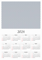Calendar 2024 Year mockup. Annual template with place for photo. Classic simple minimal design on white background. Vertical mockup for design. English language. EPS10.