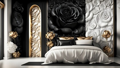 luxury interior bedroom ,black and white rose's wall ,AI generated