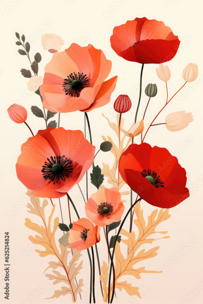 Poster a bunch of red poppies sitting on top of a table. generative ai.