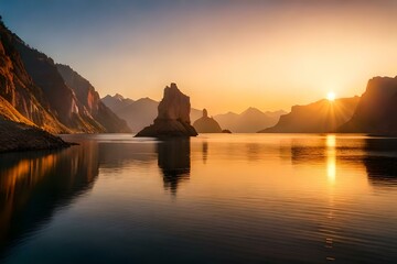 sunset over the lake generated  by AI technology