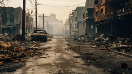 Burned City Street with No Life in Apocalyptic Scene generative AI.