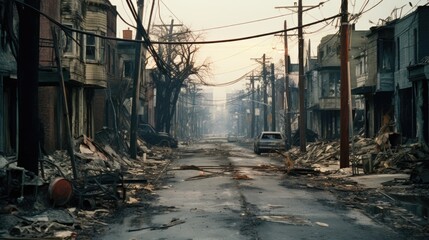 Fototapeta premium Burned City Street with No Life in Apocalyptic Scene generative AI.