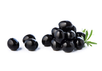 Black olives with leaves on white backgrounds.