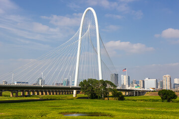 Dallas skyline at Trinity River and Margaret Hunt Hill Bridge in Texas, United States