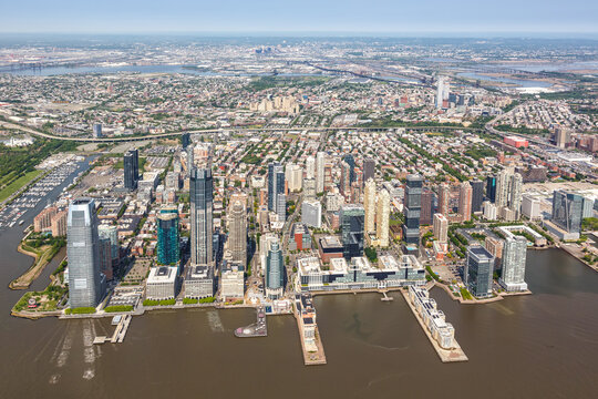 Jersey City near New York skyline with Hudson River aerial view photo in New Jersey, United States
