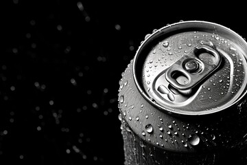 Metal can with cola or beer. Drops of condensation on the surface
