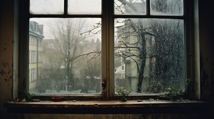 Rainy City View through Glass Window on 35mm Film generative AI