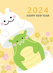 Chinese zodiac rabbit and zodiac dragon for year of dragon 2024. Lunar new year 2024 greetings card design with flowers background, plum blossoms decorations.