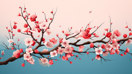 Card with blossoming oriental cherry branch.AI generated.
