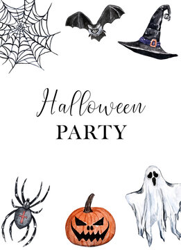 Halloween frame. Watercolor spooky hand-painted elements - bat, witch hat, jack-o-lantern, spider, ghost, bat. Holiday invite design. PNG clipart.