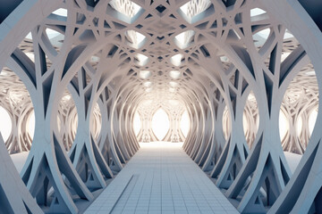 A long white tunnel with a light at the end. Generative AI.