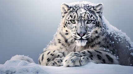 Obraz premium Photograph, Snow leopard, sitting, white snowy backdrop