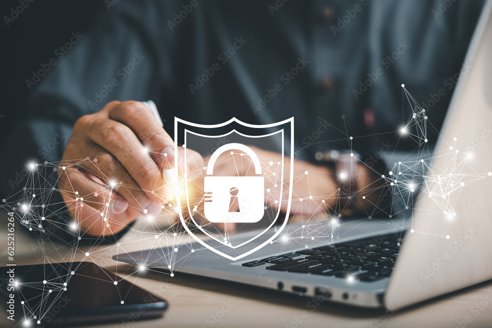 Poster global cybersecurity concept. businesspeople protect personal information with a shield, using encry