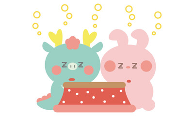 こたつでうとうとするうさぎと辰（龍）