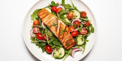 AI Generated. AI Generative. Salmon fresh vegetables salad. Dinner food meal cuisine photo illustration view