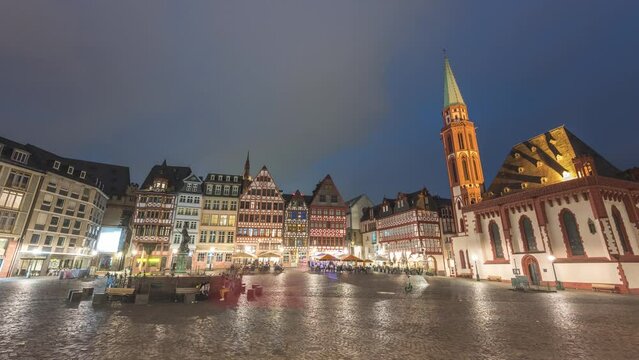 Frankfurt Germany time lapse 4K, city skyline night timelapse at Romer Town Square