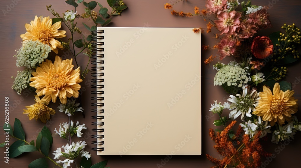 Poster a notebook with a blank page surrounded by flowers and leaves. generative ai