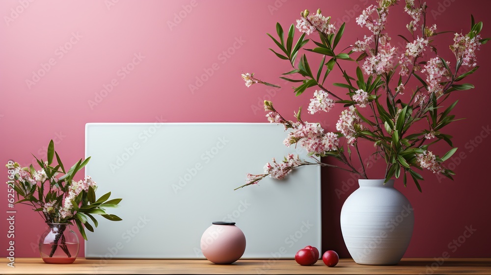 Poster three vases with flowers in them sitting on a table. generative ai
