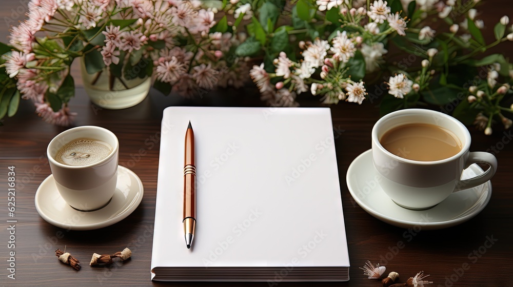 Poster a cup of coffee and a notebook on a table with flowers. generative ai