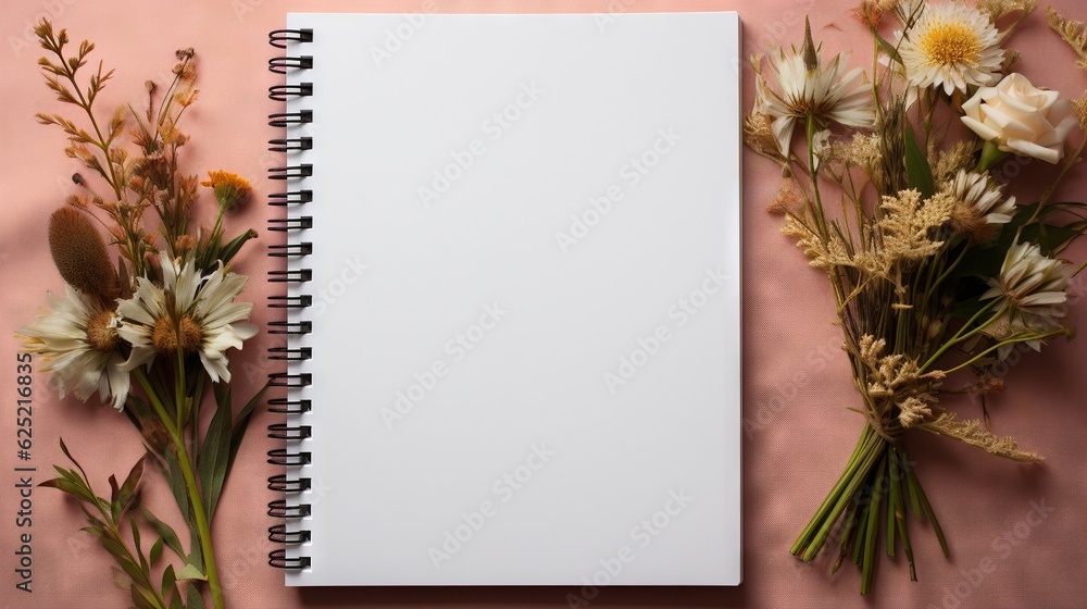 Poster a notepad with a blank paper next to flowers on a pink surface. generative ai