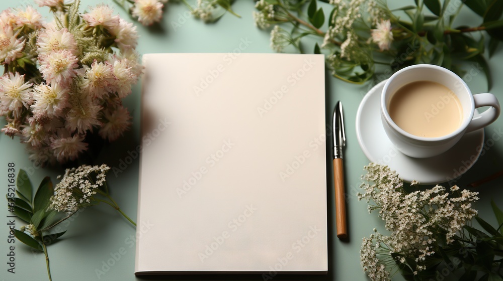 Poster a cup of coffee and a notepad on a table. generative ai