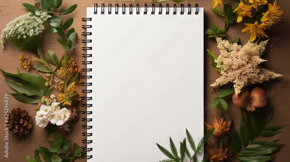 Poster a notepad surrounded by flowers and leaves on a table. generative ai