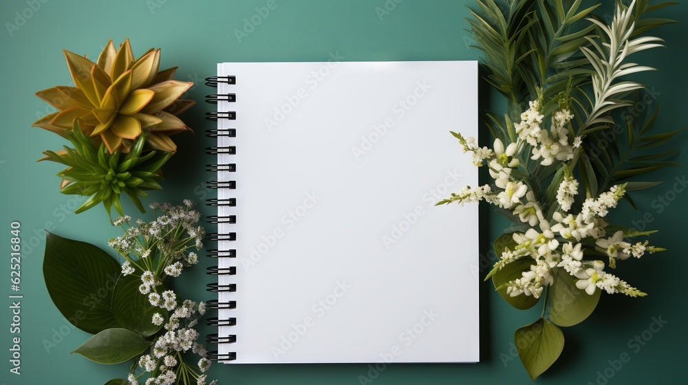 Poster a notebook with a blank page next to a bouquet of flowers. generative ai