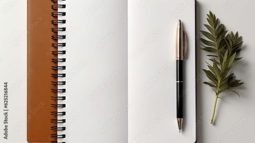 Poster a notebook with a pen on top of it next to a plant. generative ai