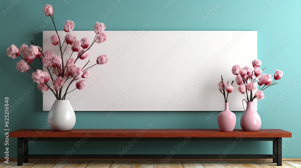 Aufkleber three vases with pink flowers are on a bench in front of a blank canvas. generative ai