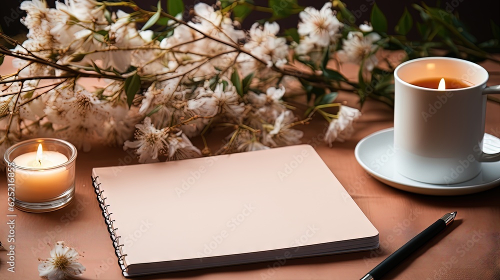 Poster a cup of coffee and a notepad on a table. generative ai