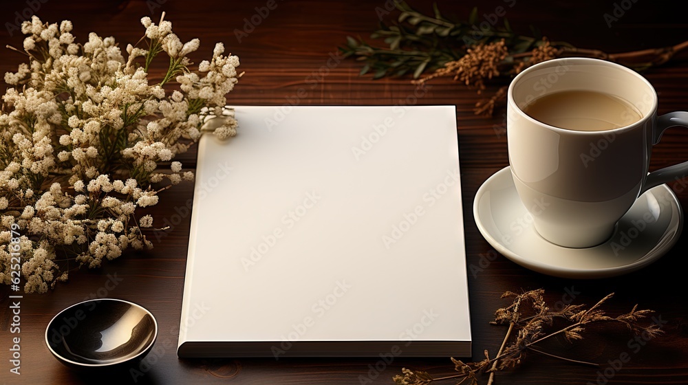 Poster a cup of coffee and a book on a table with a spoon. generative ai
