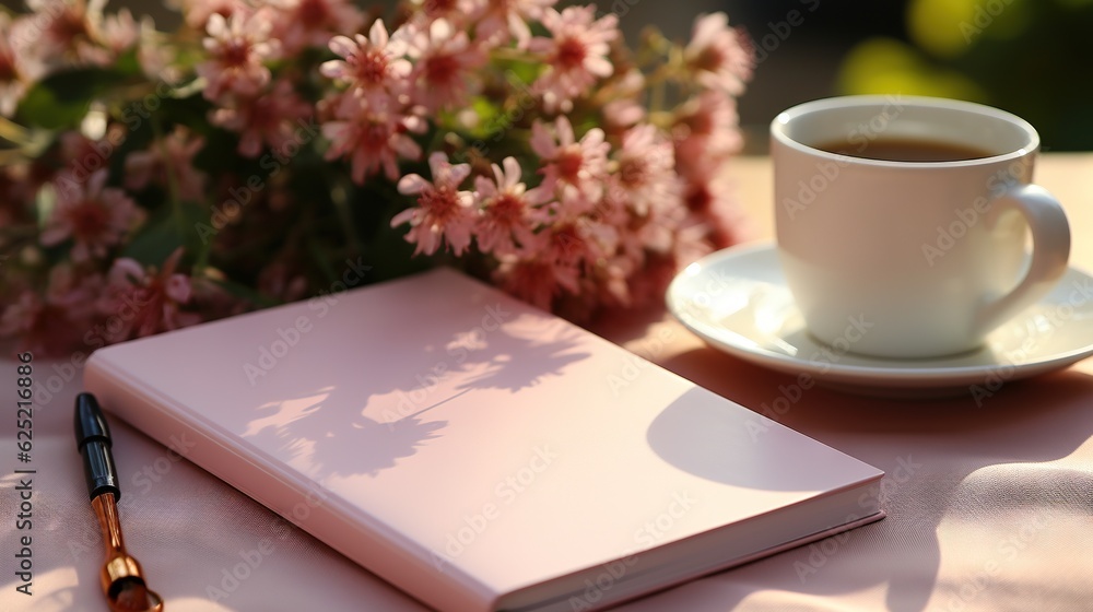 Poster a table with a cup of coffee and a notebook on it, along with a saucer and a pen the background is s