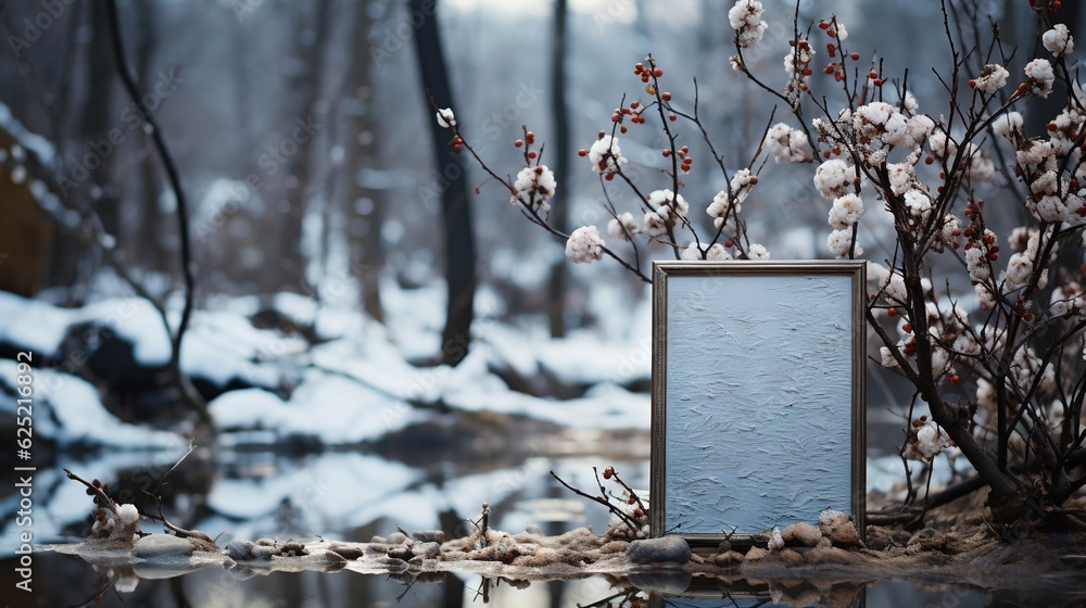 Poster a photo frame sitting in the middle of a river surrounded by trees and snow the frame is surrounded 