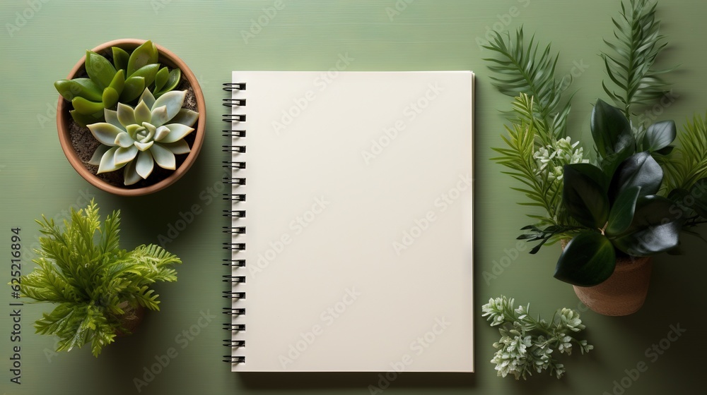 Poster a notepad sitting on top of a table next to a potted plant. generative ai