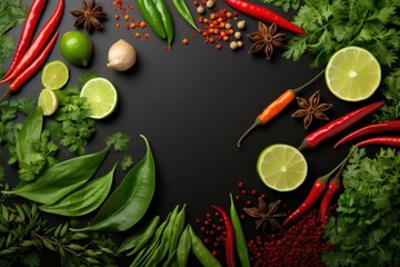 Thai spices: chilli, pepper, garlic, nutmeg, and lime leaves