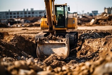 Fototapeta premium Excavator working on a construction site. Heavy duty construction equipment at work.Generative AI technology.