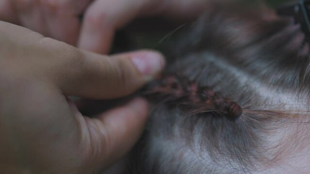 Process of weaving making boxer braids cornrows by a hair braider.