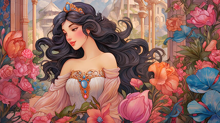 hand drawn cartoon beautiful illustration of aristocratic girl in flowers
