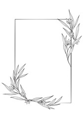 Square floral frame with decorative wild flowers. Hand drawn black and white vector illustration for wedding invitation and cards, logo design and posters template, tattoo.