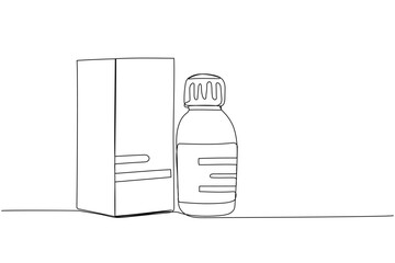 Medicine bottle with package, cough syrup, constipation syrup, herbal tincture, medicine one line art. Continuous line drawing of treatment, medication, medical, pharmacy medicine, therapy, allergy