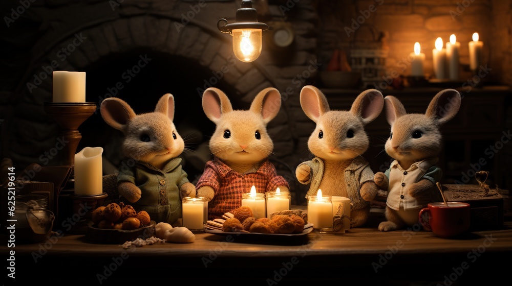 Poster a group of rabbits sitting next to each other in front of a fireplace. generative ai