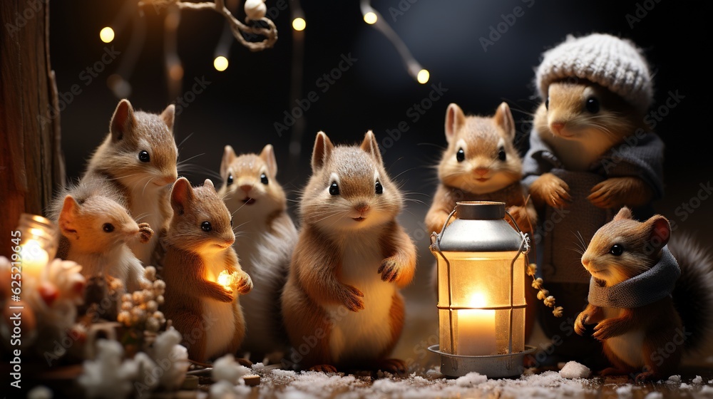 Poster a group of little chipmuns standing next to a lantern. generative ai
