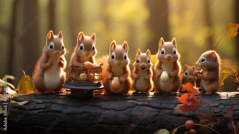 Poster a group of squirrels sitting on top of a log. generative ai