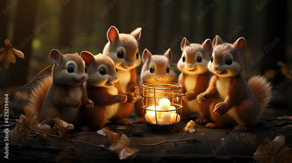 Poster a group of little squirrels standing next to a lit candle. generative ai