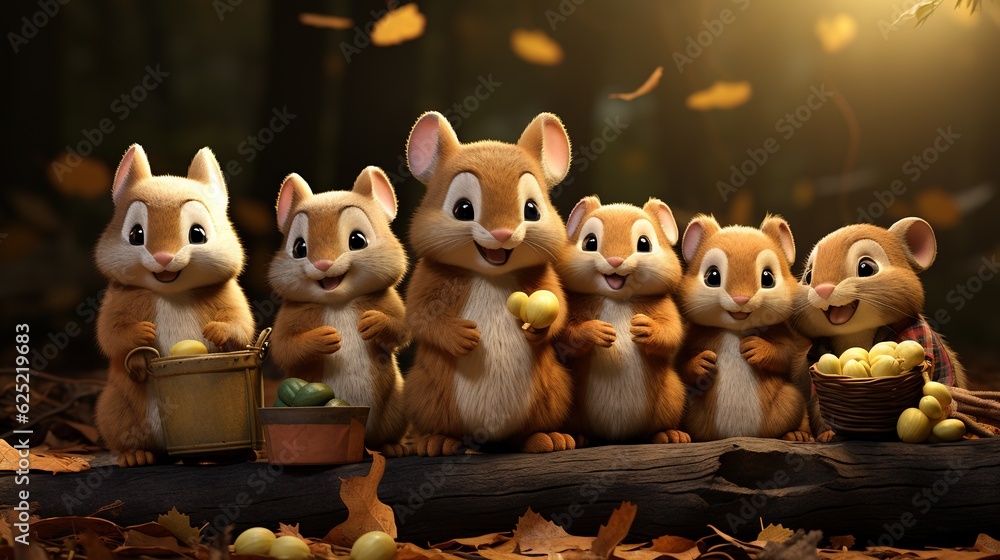 Poster a group of chipmuns standing next to each other. generative ai